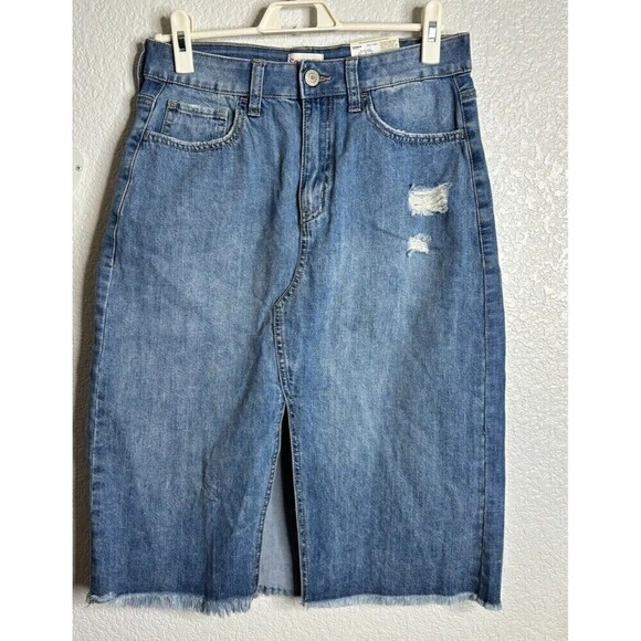 So Front Slit Denim Frayed Bottom Hem Distressed Midi Skirt Blue 11/30W - Picture 1 of 9